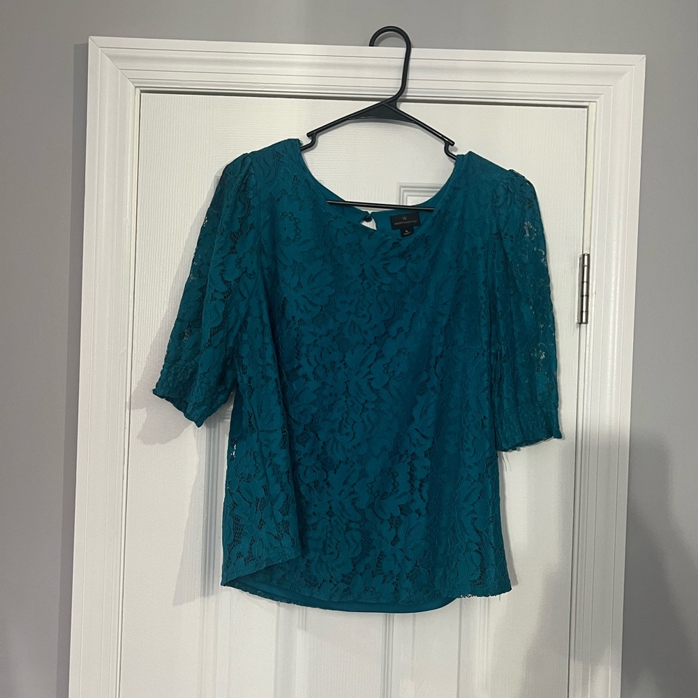Worthington Teal Blouse with Lace Fabric